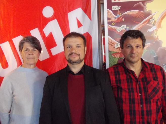An der Schwyzer 1. Mai-Feier 2017: Neu-Regierungsrat Dimitri Moretti, Erstfeld (Mitte); Ruth Miksovic-Waldis, Präsidentin vpod-SZ; Alex Granato, Regionalsekretär Unia, Pfäffikon